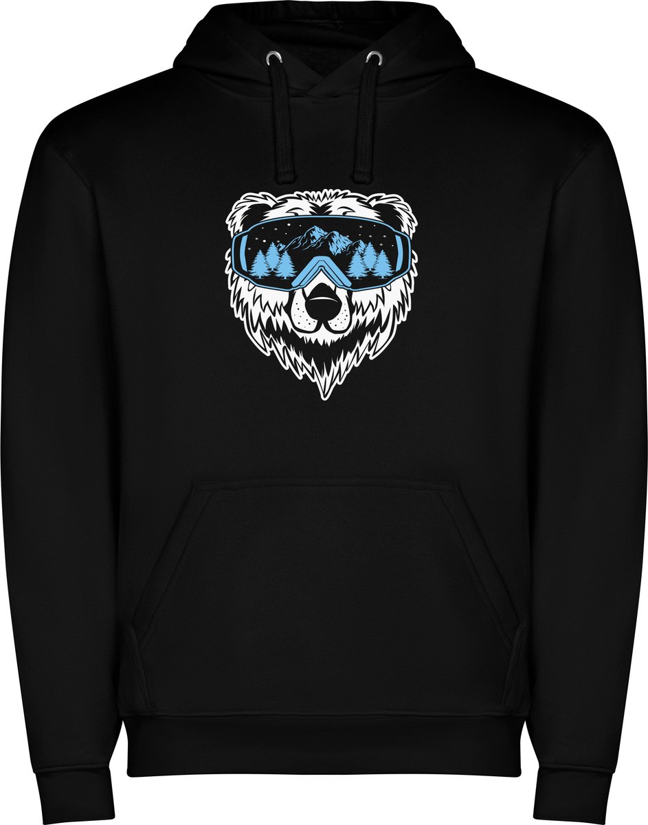 Zwarte unisex hoodie met “ Kleurrijke Berenkop met Skibril – Sneeuw – Bergen – Wintersport “ Print Full Color merk Roly Multicolor