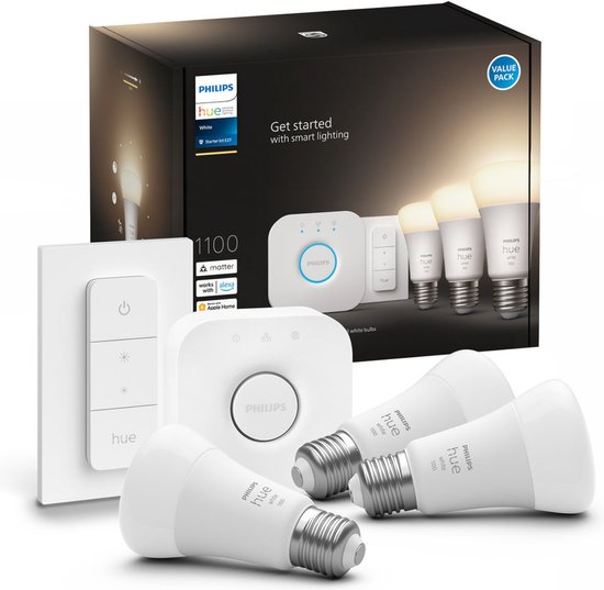 Philips Hue White Starter Pack E27 Met 3 Lampen, Dimmer + Bridge | | Smart Lampen
