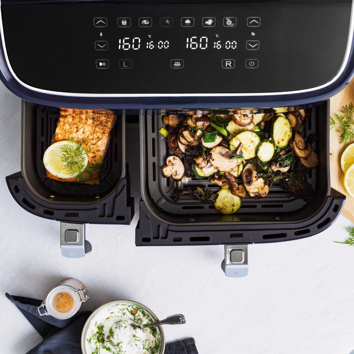 BK Supreme XXXL Dubbele Airfryer 9L - 3L + 6L - keramische antiaanbaklaag - 6 personen - sync-functie - manden vaatwasserbestendig - 80-200°C - Digitaal leddisplay met touchcreen - 6 programma's - PFAS-vrij — afbeelding 6