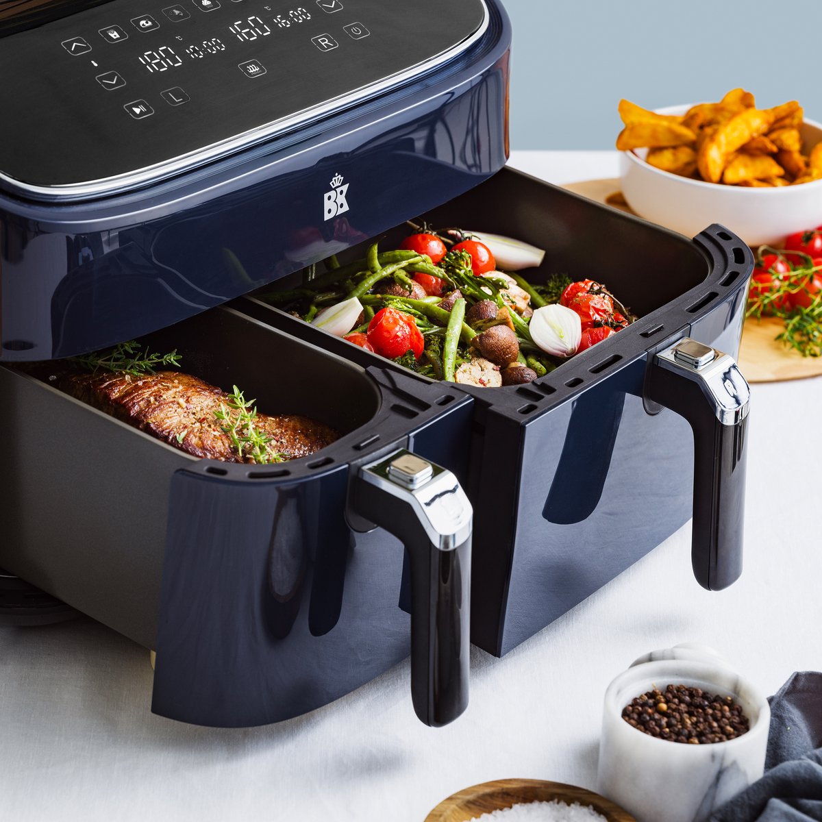 BK Supreme XXXL Dubbele Airfryer 9L - 3L + 6L - keramische antiaanbaklaag - 6 personen - sync-functie - manden vaatwasserbestendig - 80-200°C - Digitaal leddisplay met touchcreen - 6 programma's - PFAS-vrij — afbeelding 7