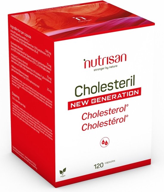 Doos met 120 Nutrisan Cholesteril capsules. Rode en witte verpakking met de tekst "Cholesteril NEW GENERATION".