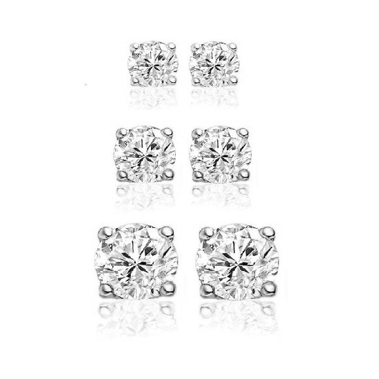 Silventi 929901014 Boucles d'oreilles argent - lot de 3 paires de clous d'oreilles - 3 tailles différentes - rond - zircone - couleur argent