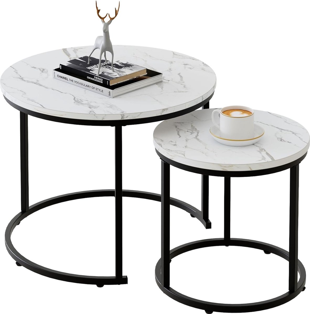 La'Moussawi ® Ronde Woonkamer Tafelset van Twee met Marmeren Blad en Metalen Frame
