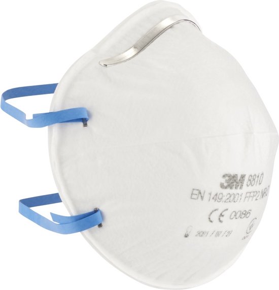 Wit 3M 8810 FFP2-masker, zijaanzicht, met blauwe bandjes en metalen neusclip.