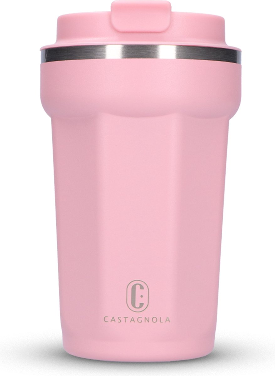 Castagnola Thermosbeker - Koffiebeker To Go - Travel Mug voor Koffie en Thee - Theebeker - 380 ML - RVS - Roze - Octagon