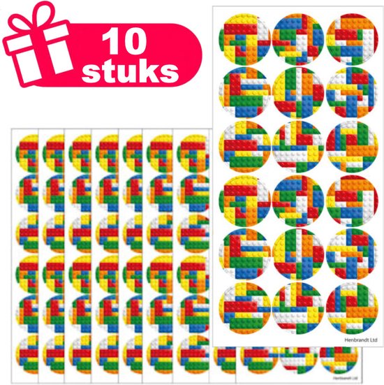 Henbrandt - Set van 10x Stickervellen met Grote BOUWSTENEN Stickers om Uit te Delen of te Knutselen - Traktatie uitdeelcadeautjes - 10x Stickervellen voor Kinderen met 18 Stickers per Vel = Totaal: 180 Stickers
