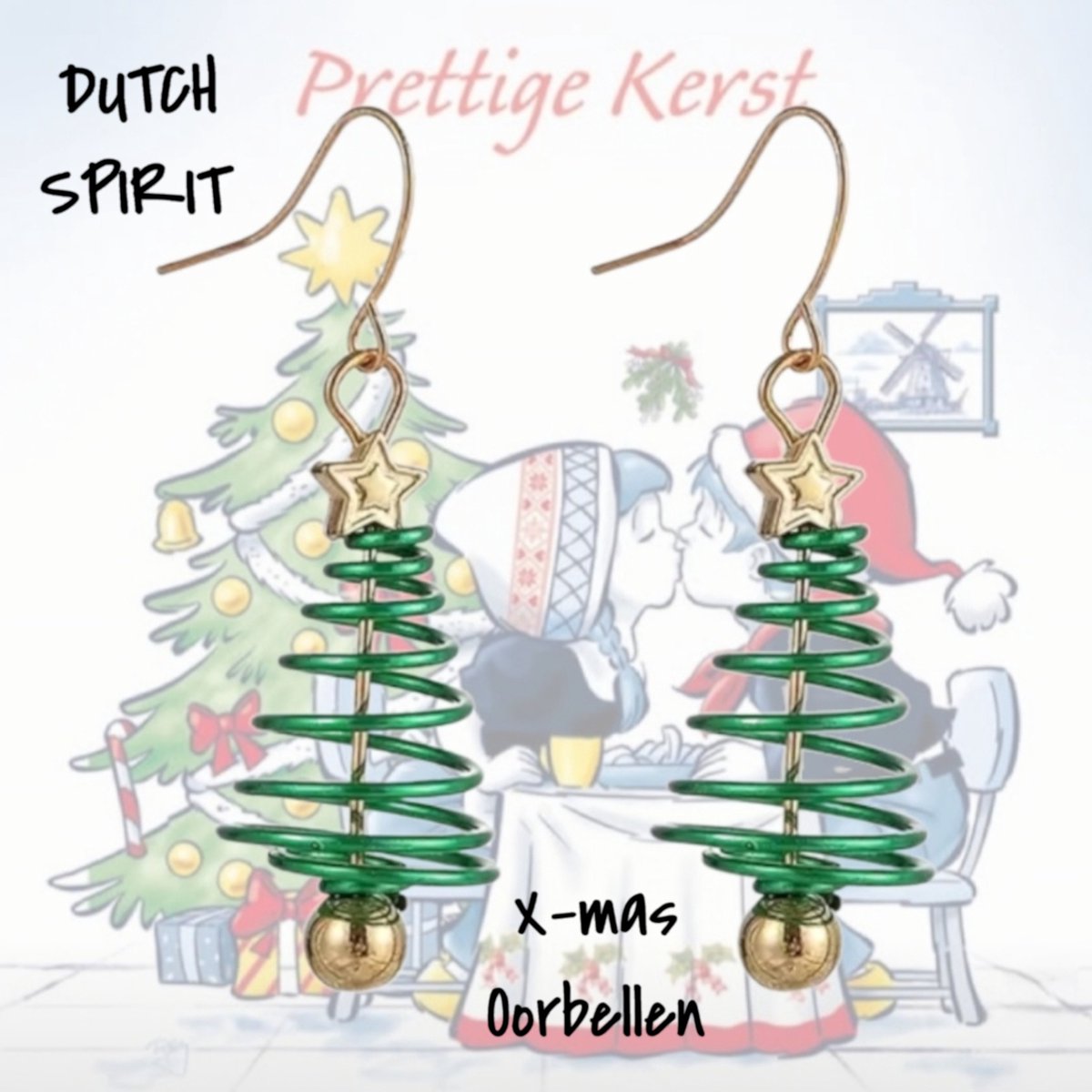 Fashion Jewelry - Dutch Spirit - Oorhanger Oorbellen met vintage groene Kerstboom met Ster-piek - Licht Goud metal - 5,4 x 1,7 cm - volwassenen jeugd kinderen - dames meisjes - casual - feestdagen - kerst xmas christmas