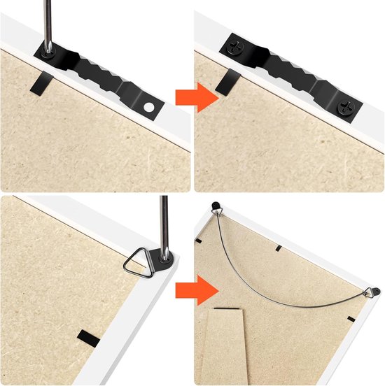 Illustratie die de installatie van zaagtandhaken en D-ring haken op fotolijsten laat zien.