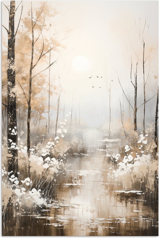 Poster 60x90 cm - Abstract - Verf - Bos - Beige - Bomen - Posters - Kamer decoratie - Wanddecoratie woonkamer - Muurdecoratie slaapkamer - Kerstversiering - Kerstdecoratie voor binnen - Kerstmis