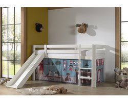 LUCEVI - Pino Halfhoogslaper H115CM + Ladder + Glijbaan + Pet Shop Gordijntjes - Wit - 90x200 cm