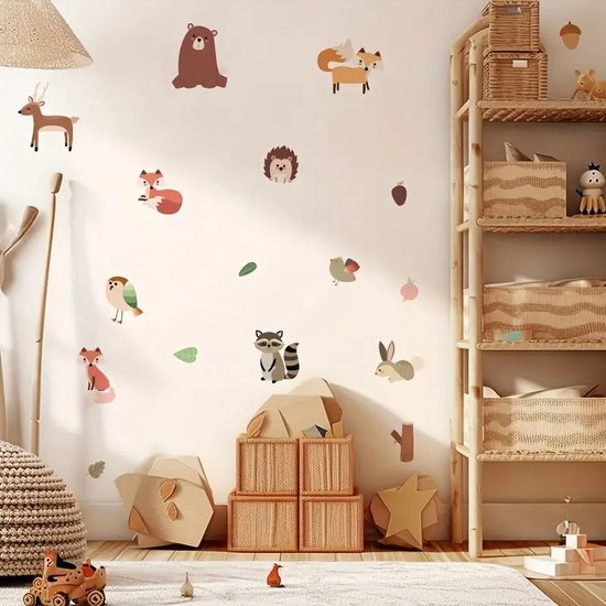 Muursticker Herfstbos met Dieren - 30x60cm - Dieren Bos - Zelfklevend PVC - Decoratie Babykamer - Kinderkamer - Jongen - Meisje