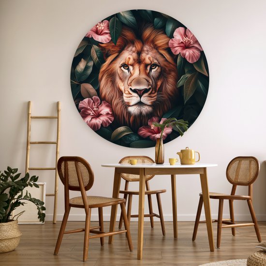 WallCircle - Cercle mural 120x120 - Lion - Fleurs roses - Feuilles - Botanique - Tableaux ronds salon - Plaque murale ronde - Cercle de Décoration murale - Décoration de chambre à l'intérieur - Cercle de Décoration murale - Accessoires de maison XXL
