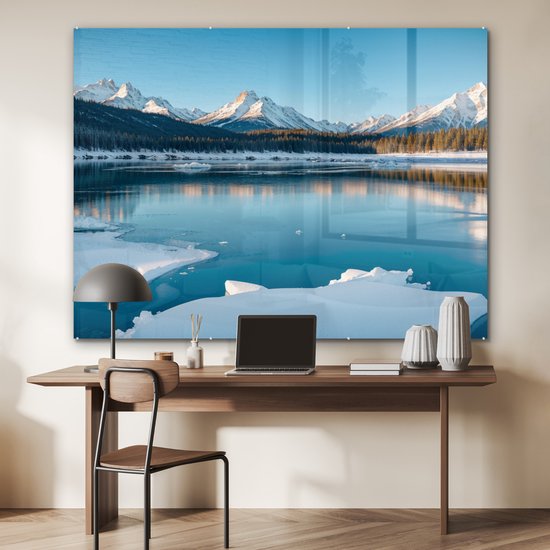 MuchoWow® Peinture sur verre 160x120 cm - Peinture sur verre acrylique - Paysage - Hiver - Lac - Montagnes - Vue - Glace - Photo sur verre - Décoration murale salon - Décoration murale chambre - Peintures