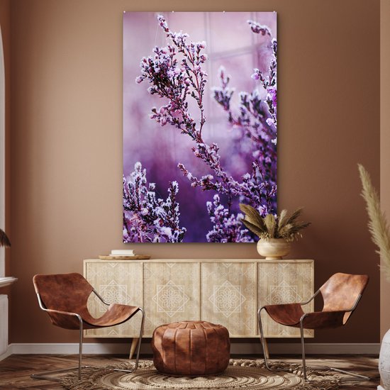 MuchoWow® Glasschilderij 120x180 cm - Schilderij acrylglas - Lavendel - Winter - Bloemen - Paars - Foto op glas - Muurdecoratie woonkamer - Wanddecoratie slaapkamer - Schilderijen
