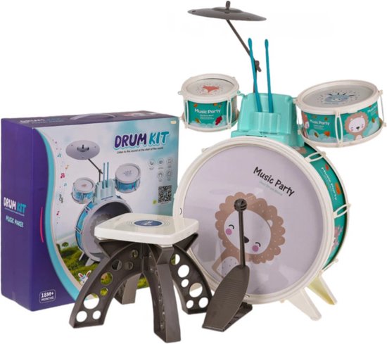 Playos Drumstel - Blauw muzikaal speelgoed voor kleuters en kinderen - Inclusief kruk