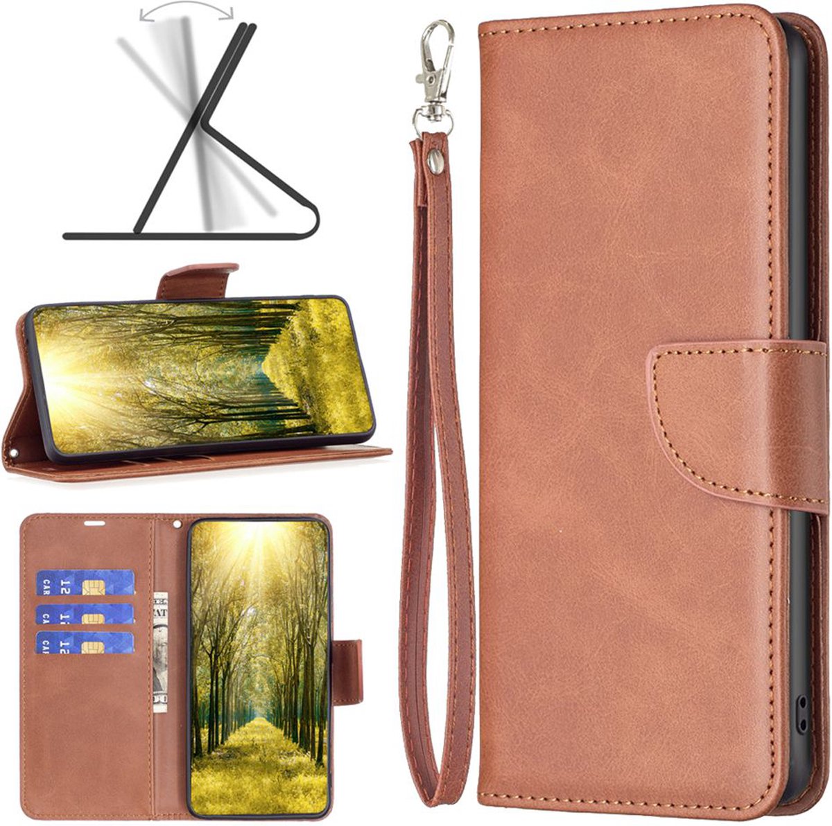 MobyDefend Hoesje - Geschikt voor iPhone 15 Pro Max - Wallet Book Case Met Koord - Bruin