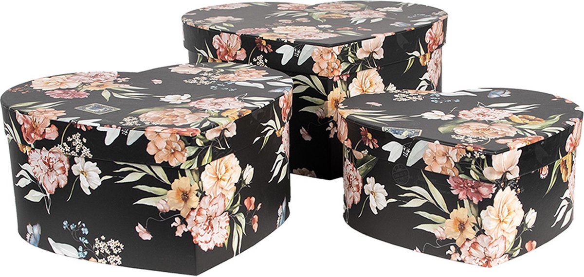 Clayre & Eef Opbergdoos Set van 3 28x26x14/24x23x12/21x20x10 cm Zwart Karton Bloemen
