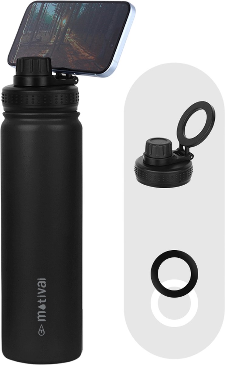 Motivai RVS Thermosfles met Telefoonhouder & MagSafe Ring – 750ML (25oz) – Lekvrij & Isolerend – Waterfles voor Koude & Warme Dranken – BPA-vrij – Zwart