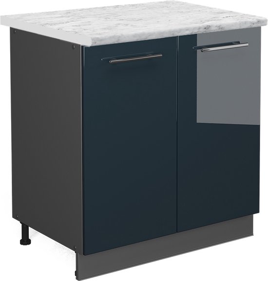 Vicco Countertop Block Fame- Line, Bleu foncé brillant/Anthracite, 80 cm avec étagère, WB Marble