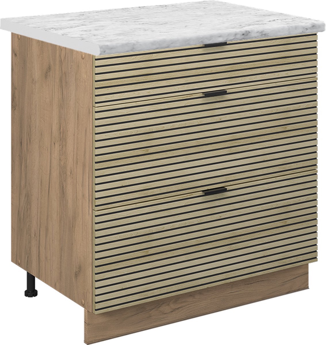 Vicco Fame-Line Keukenonderkast – 80 cm met 3 laden, WB Marmer Eiken paneel