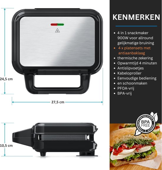 MKSS® Wafelijzer met Verwisselbare Platen - Contact Grill - Tosti Apparaat - Zwart — afbeelding 2