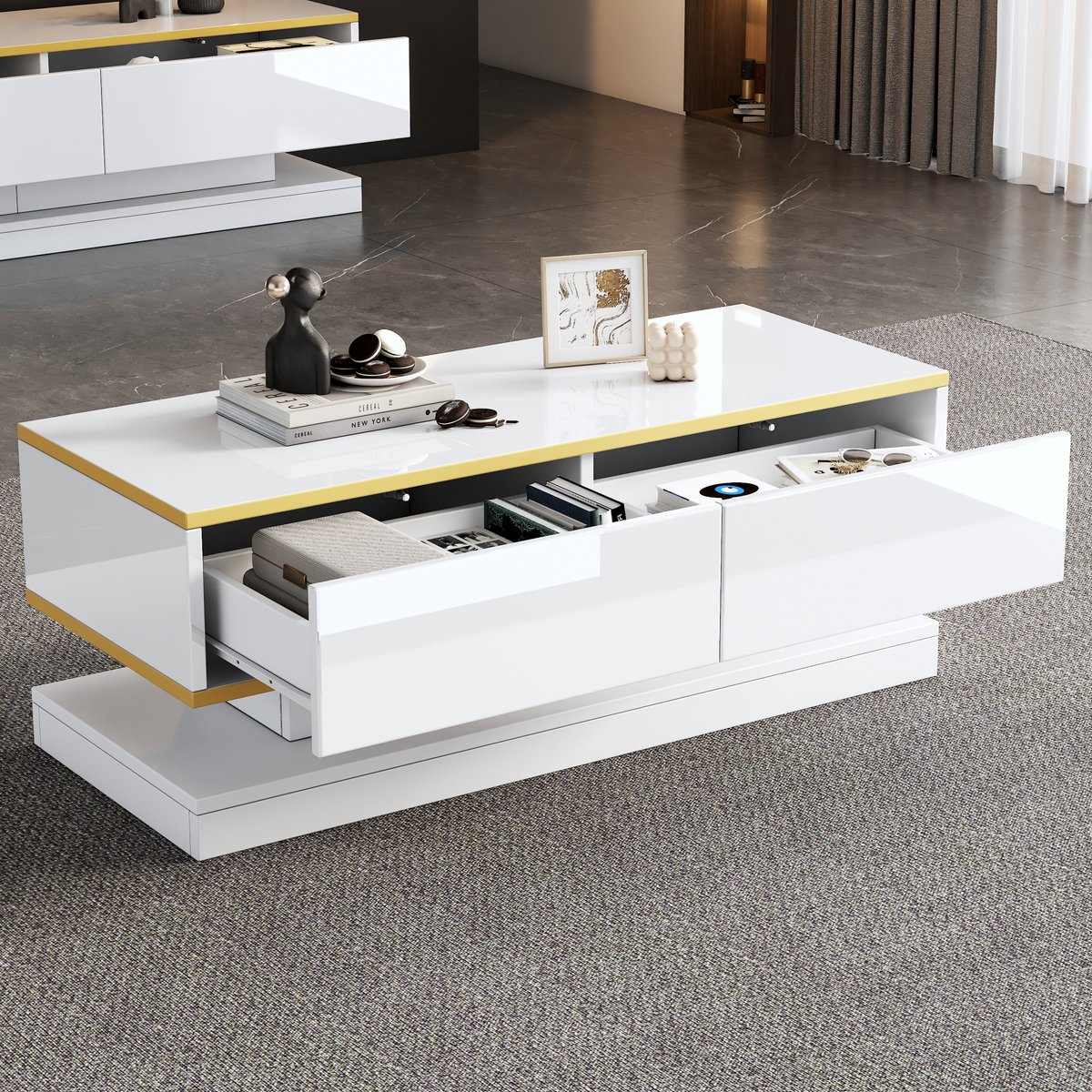 Clruro Salontafel - 100 x 50 x 38 cm - Met 2 Laden - Hoogglans met Gouden Rand - Warm Wit