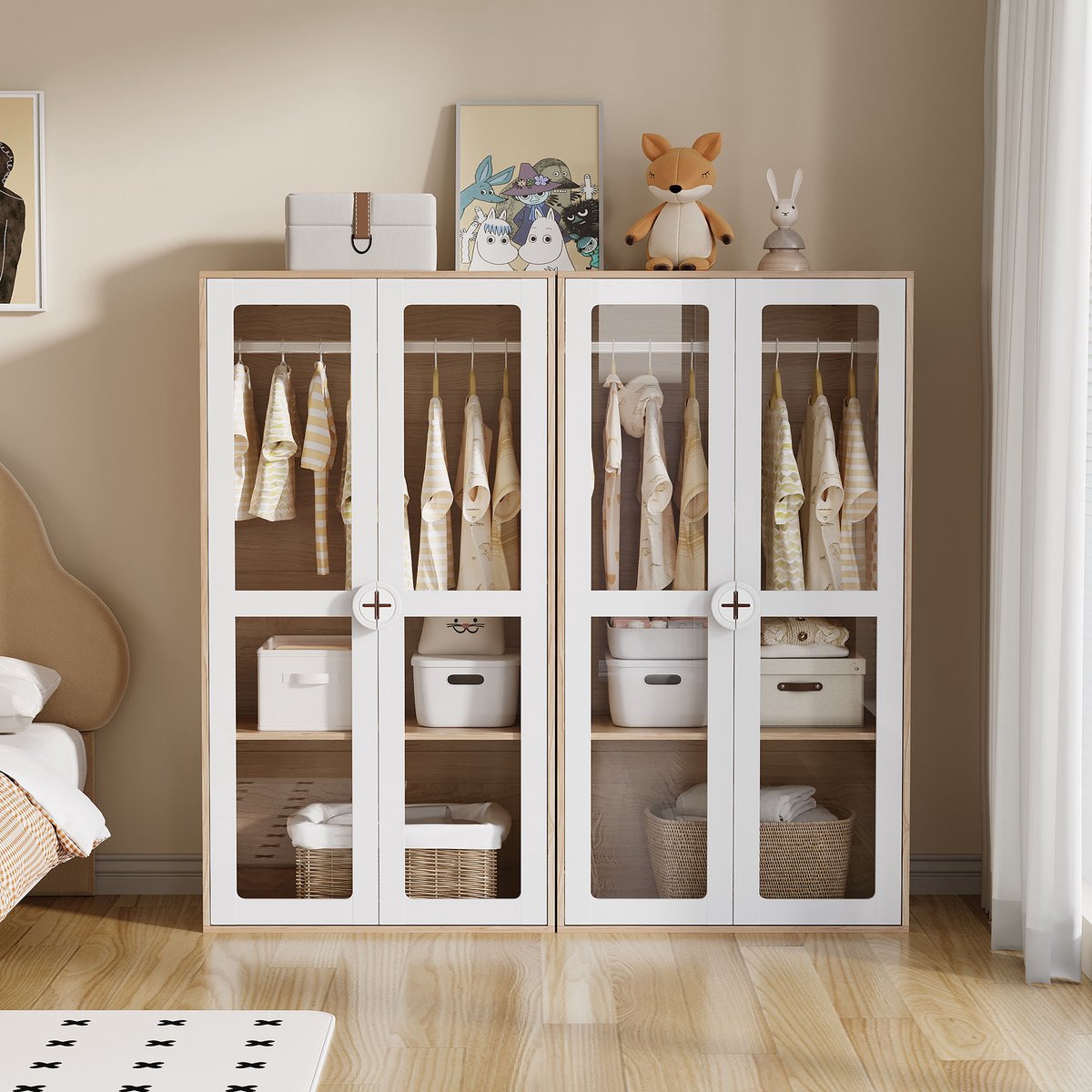 Kindergarderobe - tweedelige kast met dubbele deuren - met kledingstang - twee-delige kastcombinatie - wit en houtkleur - 160x50x150 cm