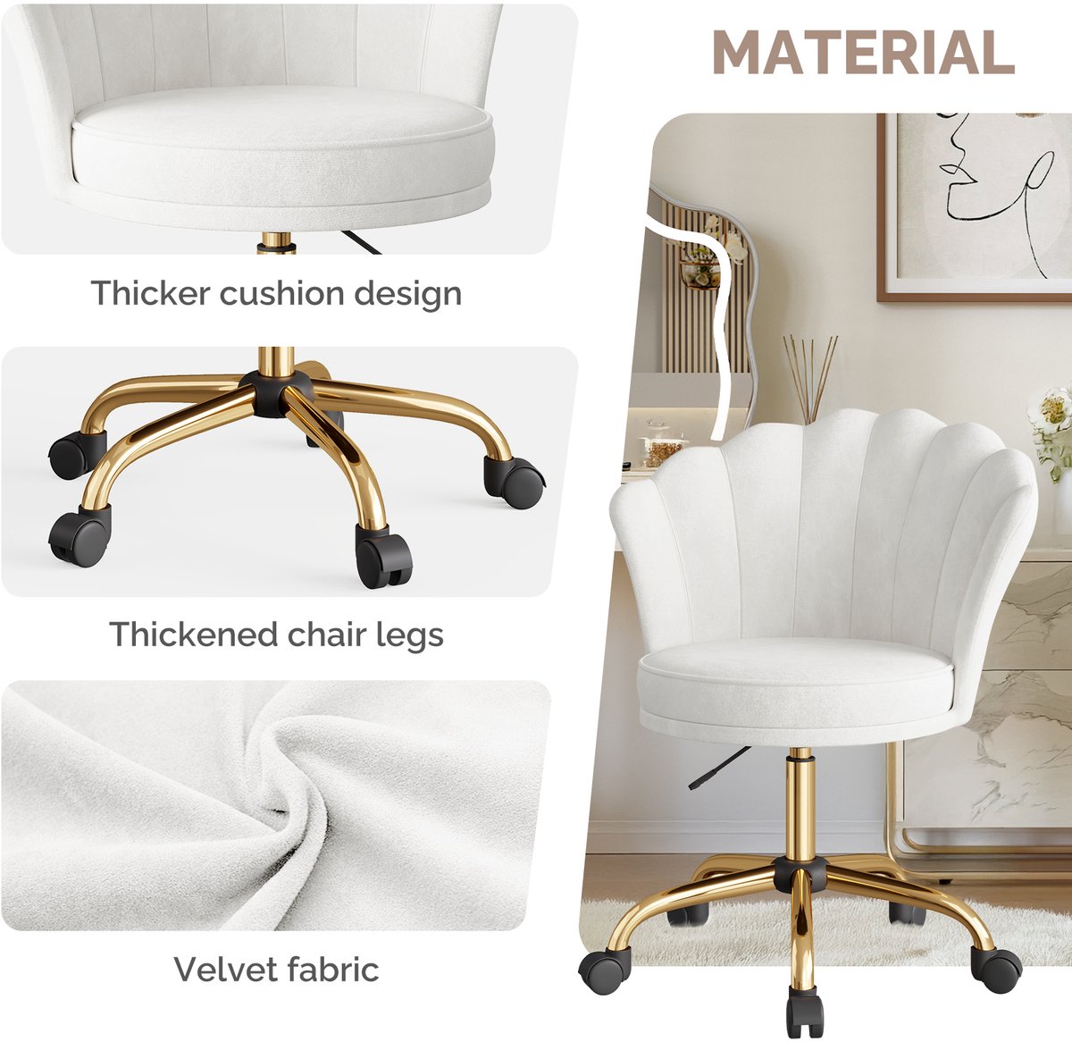 Kary International Fluwelen Bureaustoel Verstelbaar met Gouden Onderstel - afbeelding 2