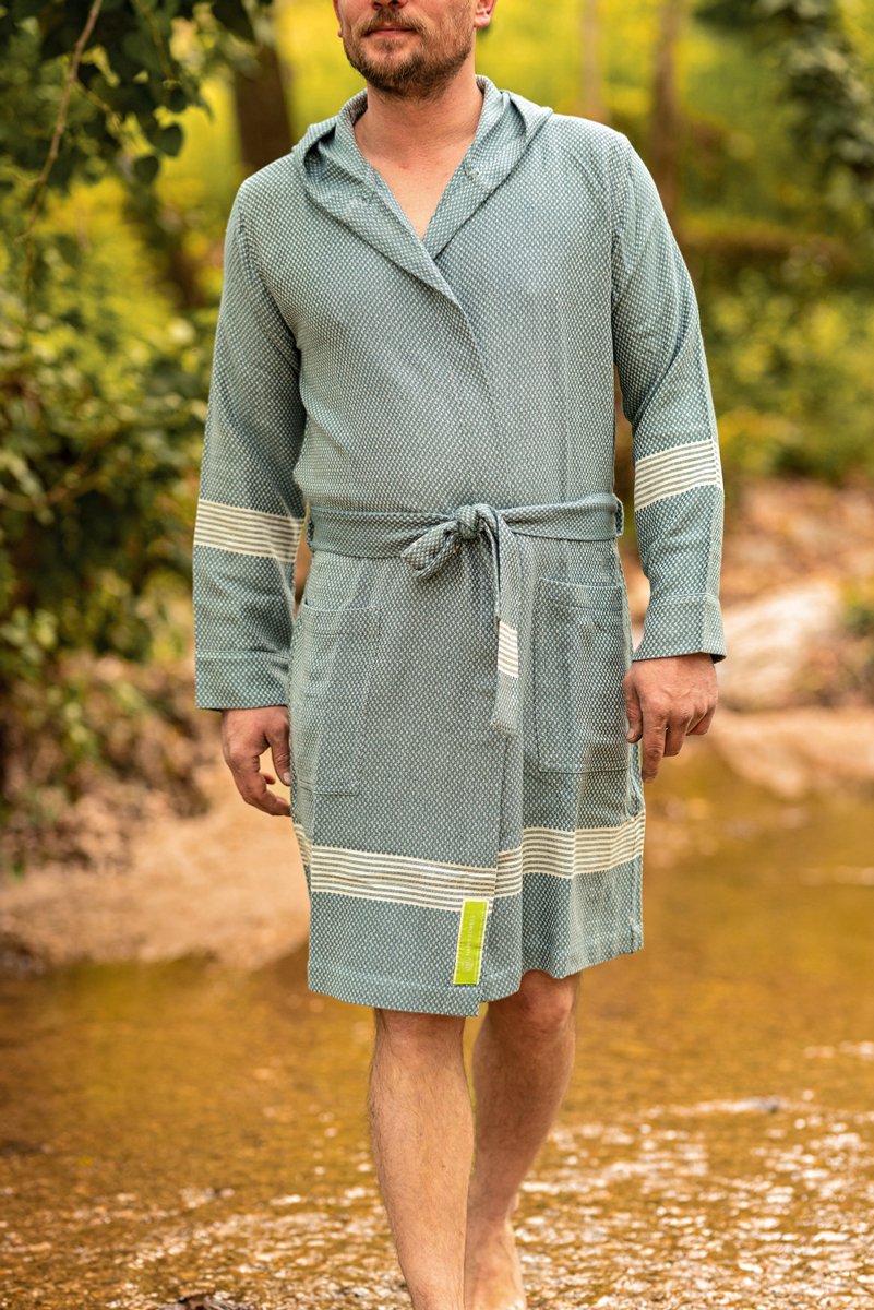 Happy Towels - Sauna Badjas met Capuchon - Grijsblauw - XL/XXL - Zacht Bamboegaren & Biokatoen – OPRUIMING