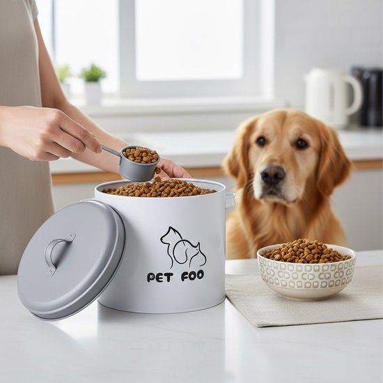 Een vrouw schept brokken uit een witte voercontainer met grijze deksel en schep. Een golden retriever kijkt toe.