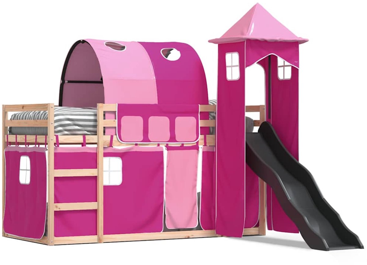 vidaXL - Stapelbed - met - glijbaan - en - gordijnen - roze - 80x200 - cm