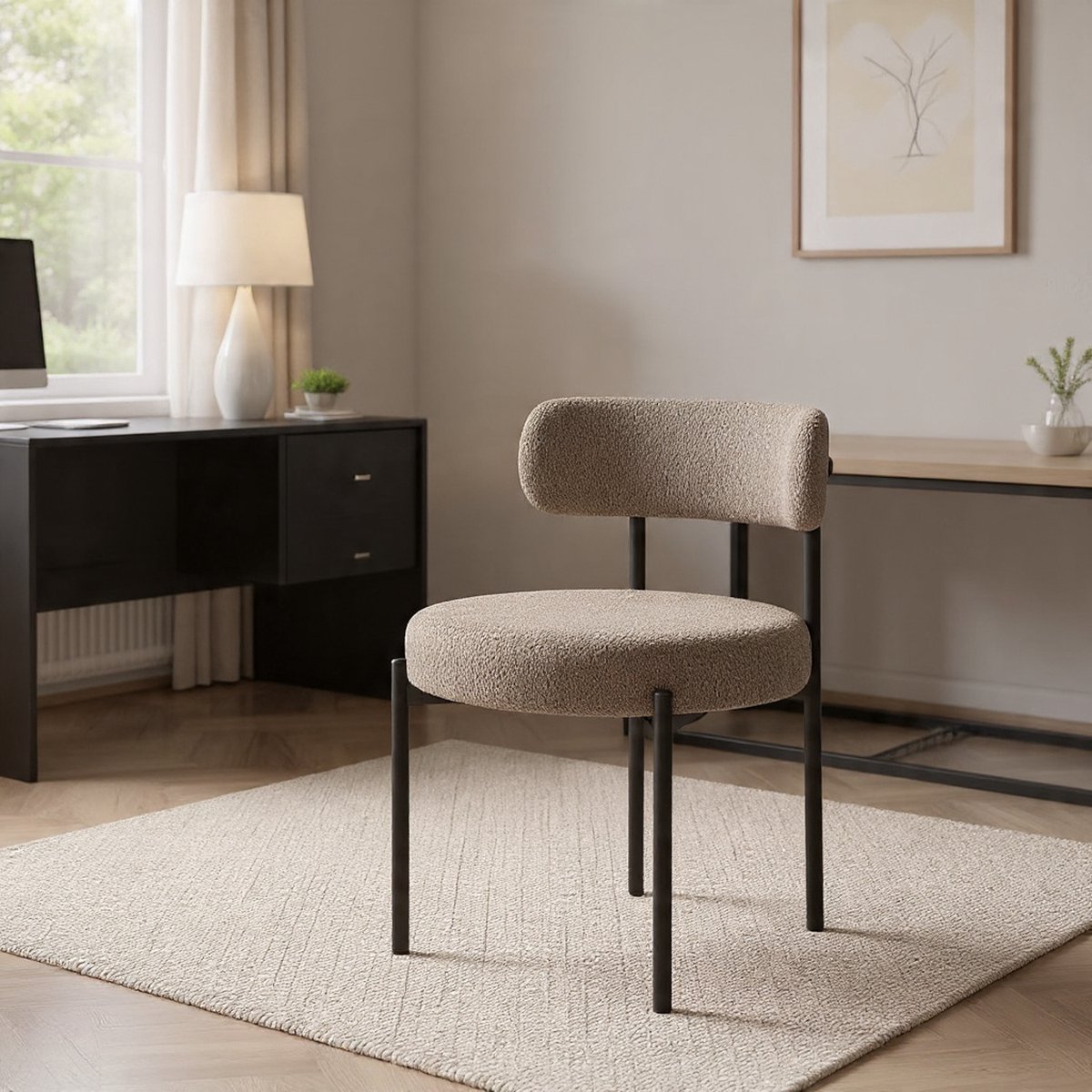 Eetkamerstoelen set van 6 | Ronde bouclé stoelen met teddystof · Gestoffeerde keukenstoele