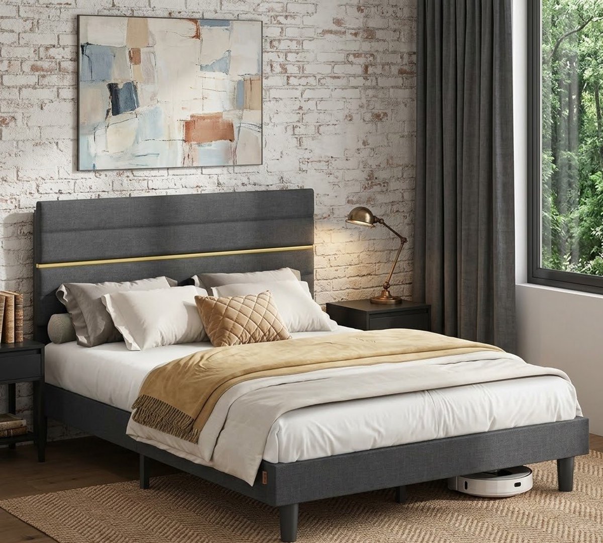 Serena Luxe Gestoffeerd Tweepersoonsbed 140x200 cm – Verstelbaar Hoofdbord – Modern Stalen Bedframe met Houten Latten – LeigrijsCasa Serena – Casa Dorada