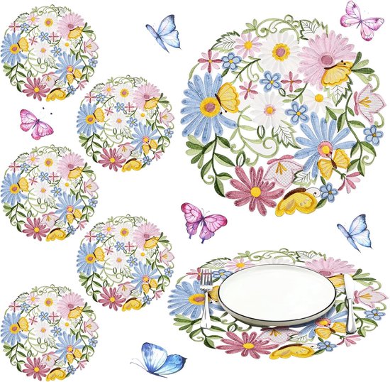 6 Pièces Dessous de Plat Ronds 14 Pouces Printemps – Fleurs de Pâques Brodées, Pâquerettes – pour Salle à Manger & Décoration de Vacances
