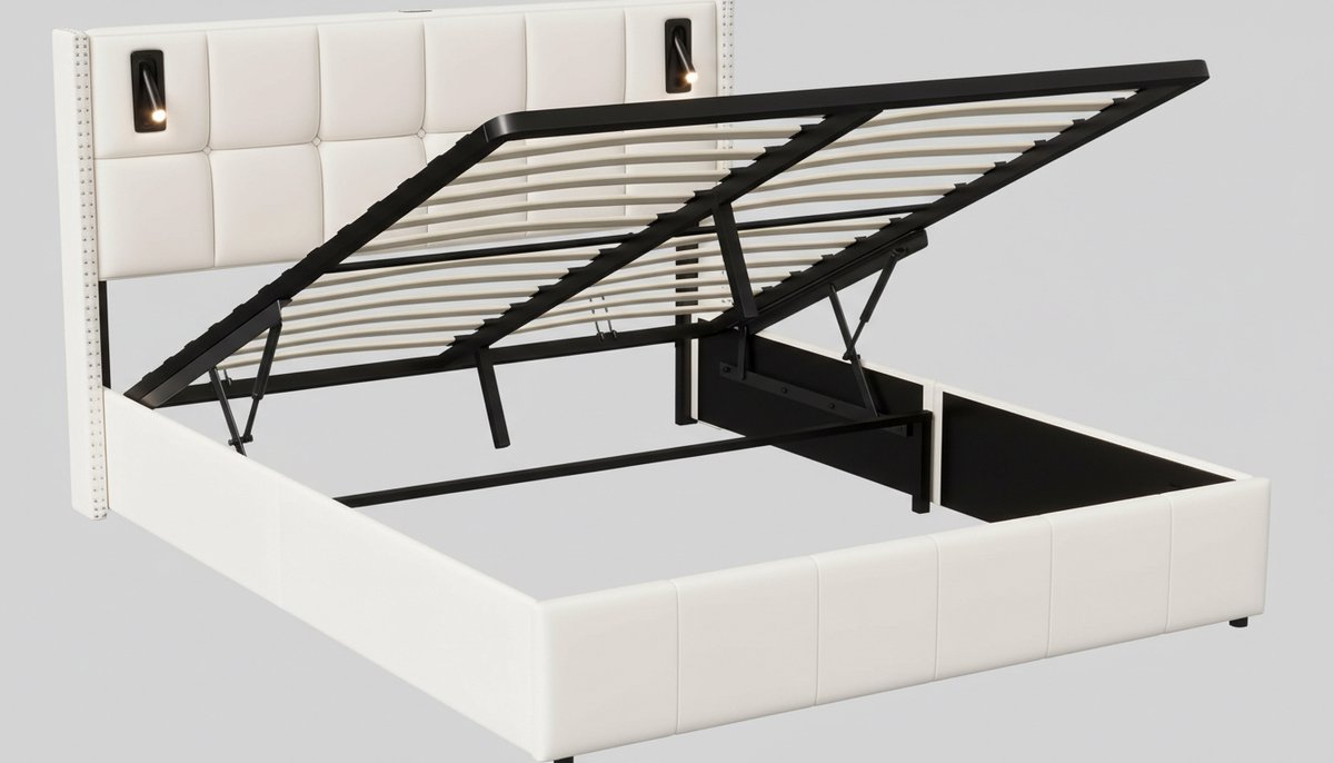 Gestoffeerd Opbergbed 160x200 cm Beige – Casa Velluto Luxe Tweepersoonsbed met Hydraulische Opbergruimte, LED Leeslampen, Queen Size Bedframe met Lattenbodem, Modern Fluwelen Bed