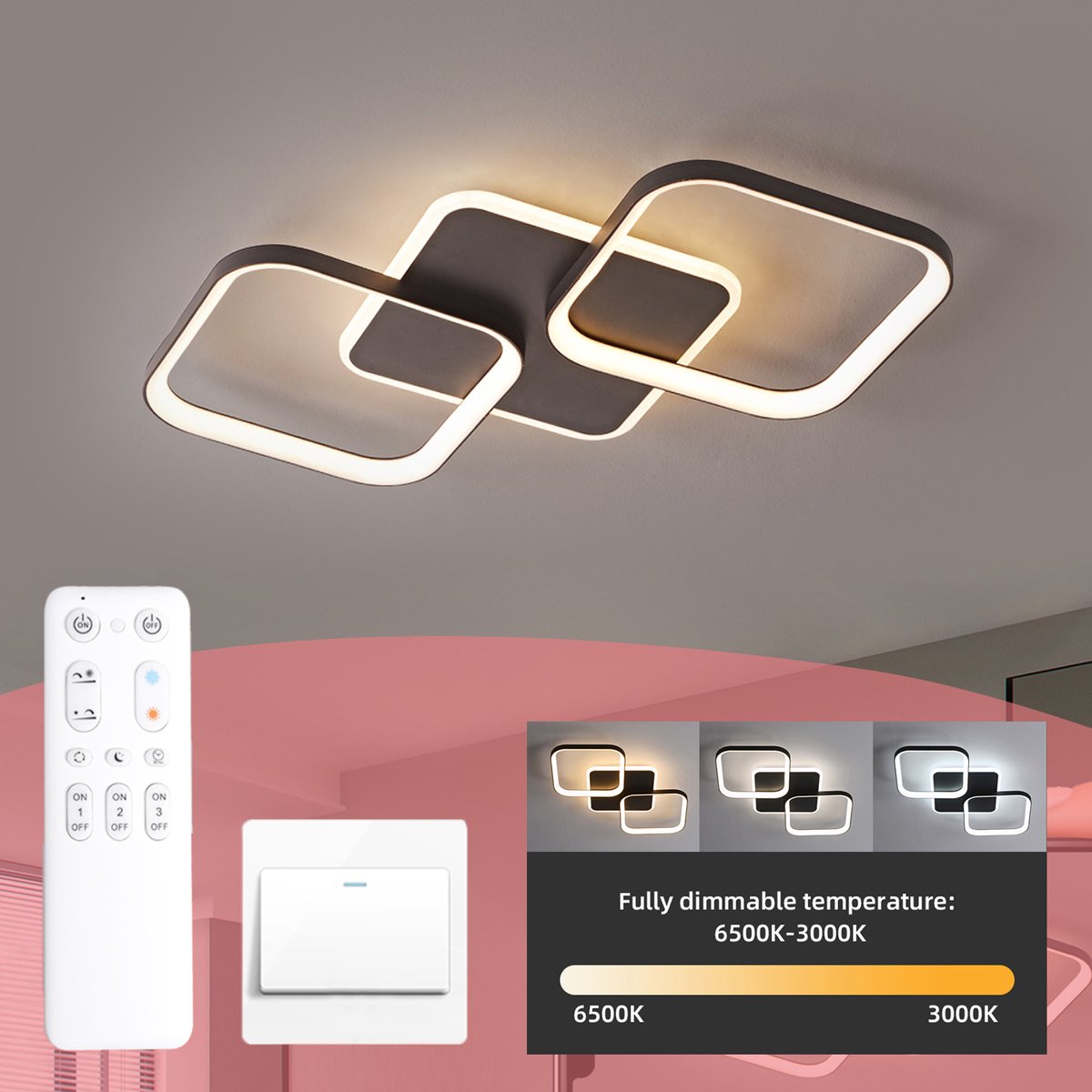 ANTENLICHT LED Plafonniére - 2 Plafondlamp Zwart - Met verlichting - Woonkamer Lamp 40W - 3000K-6500K - 4500LM - Dimbaar - Met Afstandsbediening