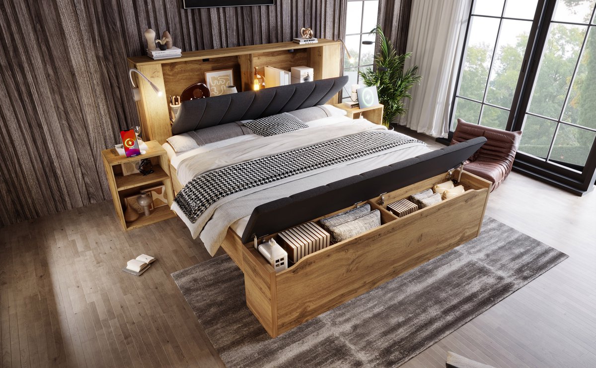 REDOM Tweepersoonsbedframe – 160x200 cm – Met opklapbaar hoofdbord & leeslampen met USB – 