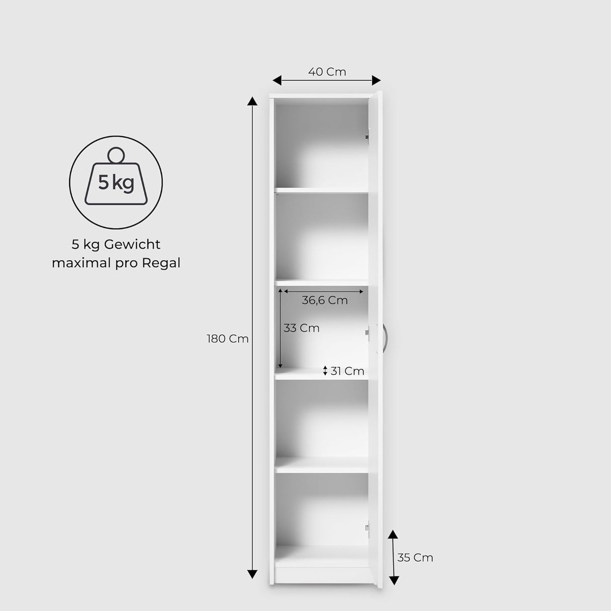 Boekenkast Casa Velluto – Smalle Multifunctionele Kast 40cm Breed x 180cm Hoog – 4 Verstelbare Legplanken – Opbergkast voor Boeken, Dossiers, Kantoor, Hal en Slaapkamer – Moderne Witte MDF Kast