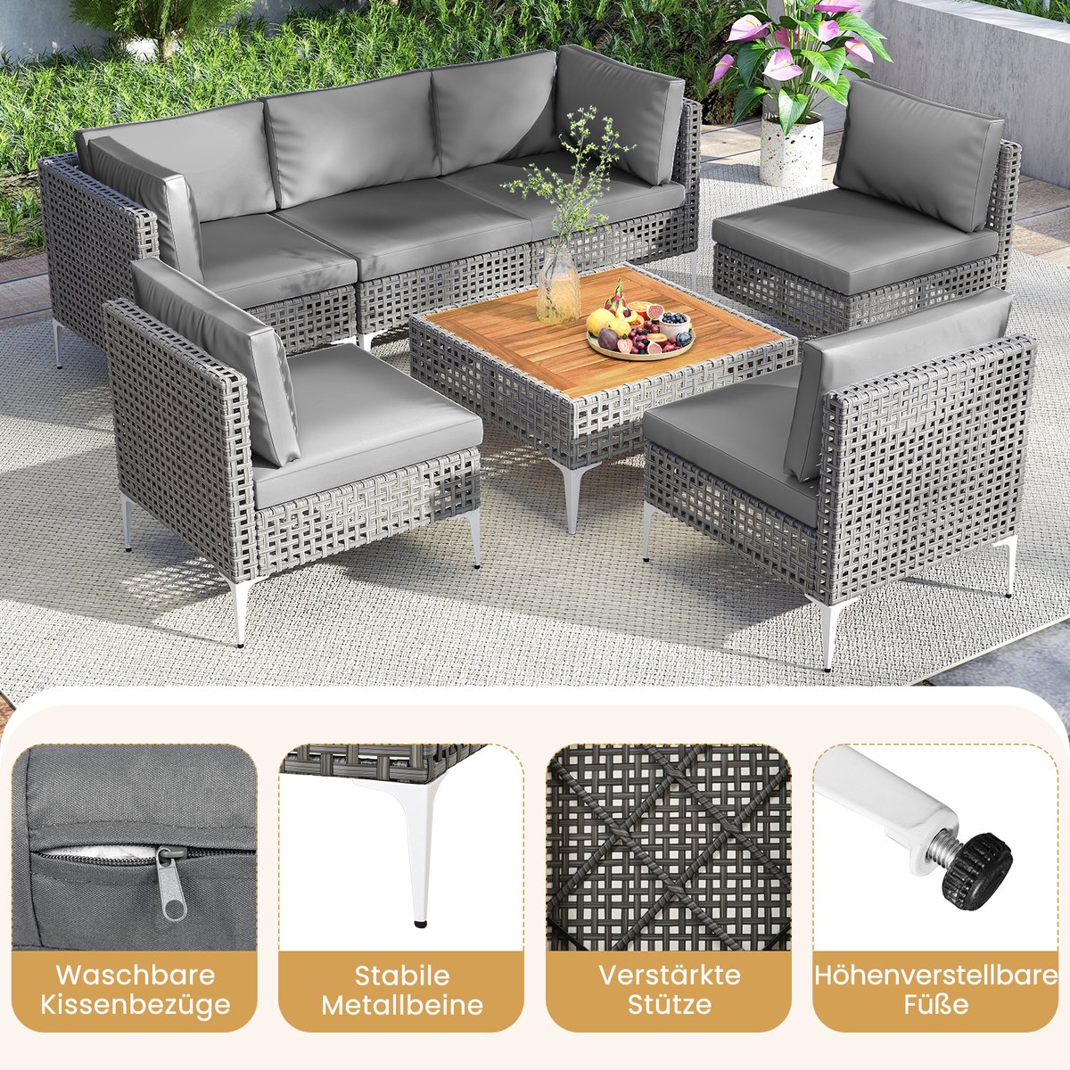 COSTWAY Loungemeubelen voor buiten, rotan tuinlounge met tafel en kussens, vrij te combineren, tuinmeubelset, balkonmeubels, terrasmeubels, zitgroep voor tuin, balkon, terras thumbnail 3