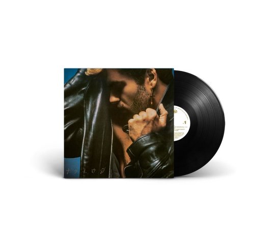 Hoes van het album 'Faith' met een close-up van George Michael in een leren jack, met ernaast een vinylplaat.