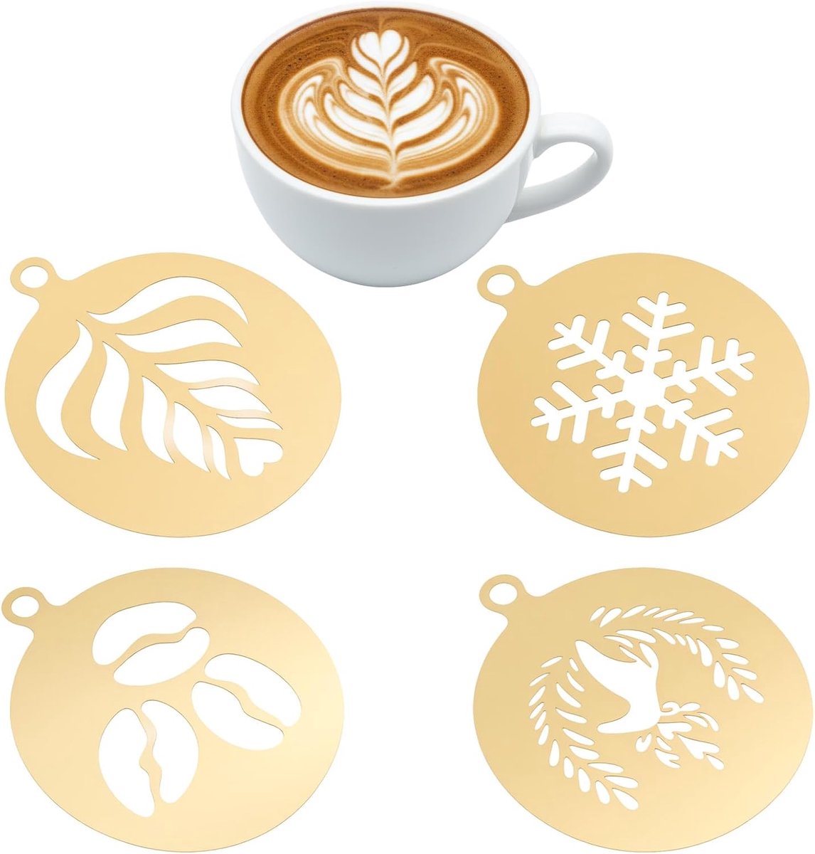 4 stuks roestvrijstalen koffie latte art mal - koffiepoederzeef - suikerpoederzeef - herbruikbaar - goud - 4 patronen inbegrepen - geschikt voor cappuccino/taartdecoratie/café