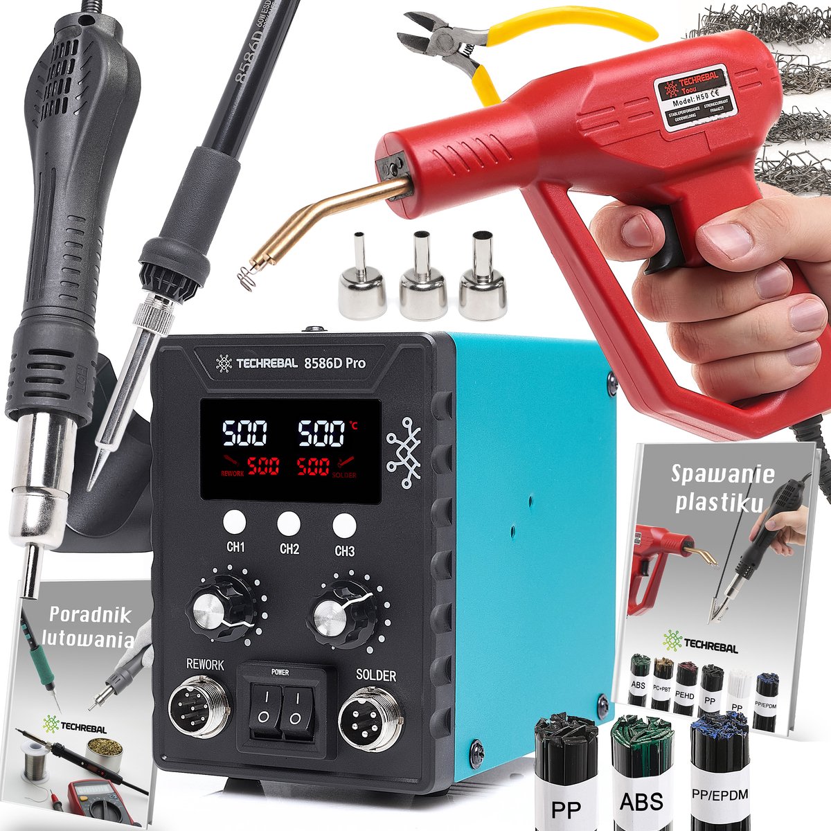TECHREBAL 8586D Pro 2-in-1 Soldeerstation & Kunststoflasser - Set met Nieter, 200 Zszywek & 150g Kunststof Lasdraad