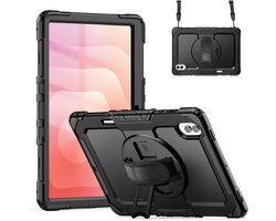 Hoes met ingebouwde Screenprotector Geschikt voor Samsung Tab S12 Ultra / S11 Ultra | Inclusief 360° Draaibare Handriem en Schouderriem | Extreme bescherming | Ideaal voor zakelijk gebruik | Zwart