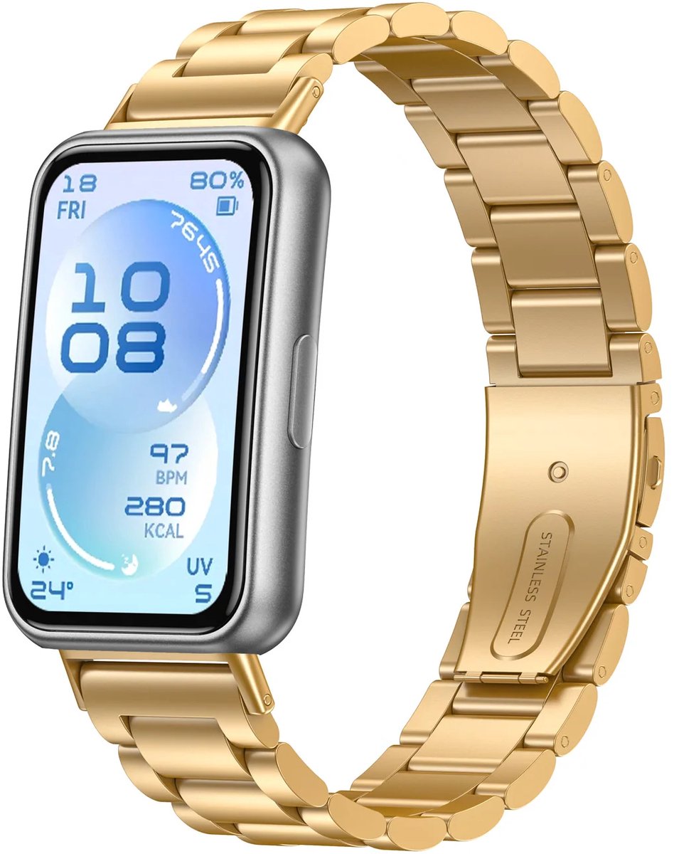 Strap-it Stalen band geschikt voor Huawei Band 11 / Huawei Band 11 Pro (Goud)