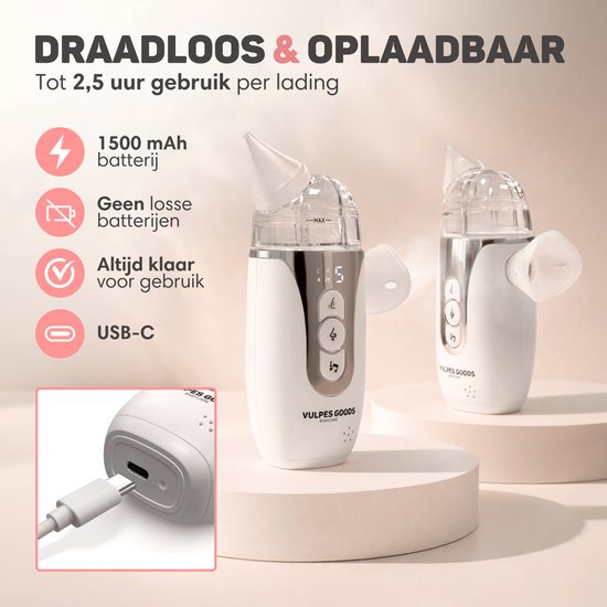 Vulpes Goods® Babycare - Baby Neusreiniger 2-in-1 - Baby Neusreiniger Elektrisch met Ultrasone Vernevelaar - 65kPa Zuigkracht & 5 standen - Neusdouche - Snoetenpoetser - Neuszuiger - Lichtgewicht & Muziek - Grote Batterij - USB-C van Merkloos — afbeelding 5
