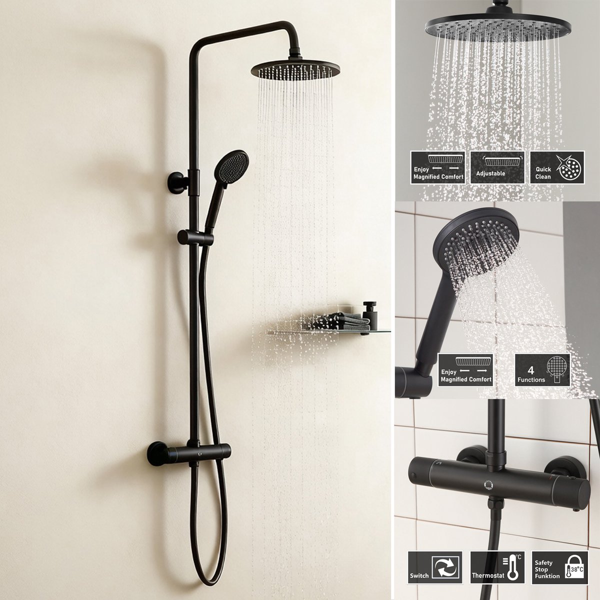 Cecipa Max Doucheset - Met thermostaatkraan - Regendouche - 38°C Veiligheidssluiting - 4-functie Handdouche - RVS - 150cm Hartafstand - Waterbesparend - Zwart