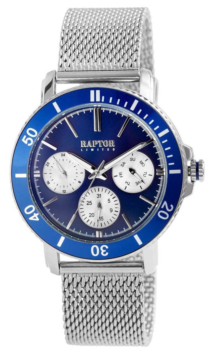 Raptor-model RA20342-001-Herenhorloge-Milanese band-verstelbaar-Blauw-zilverkleurig-3 atm waterdicht-diameter 42 mm-dag en datum aanduiding