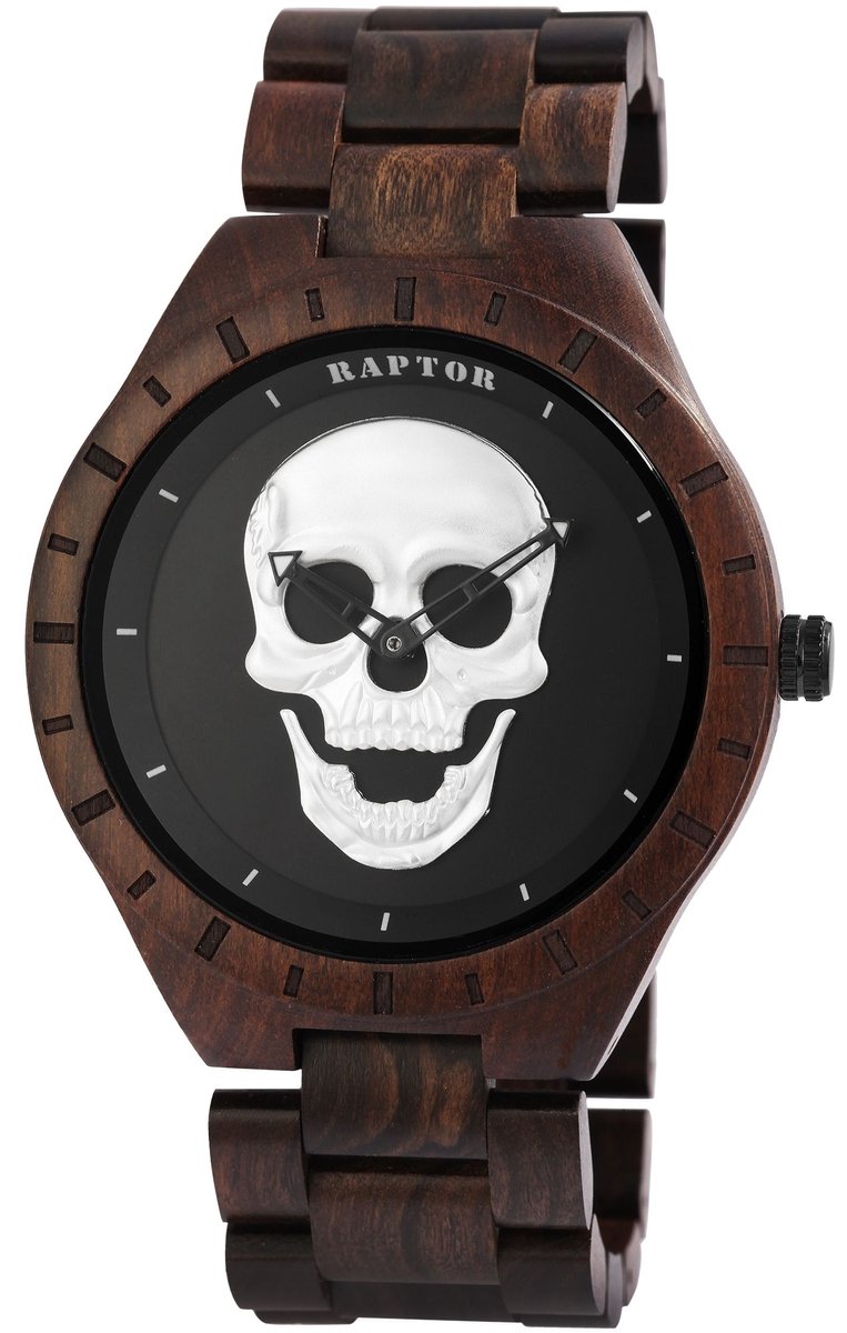 Raptor Herenhorloge sandelhout Snorre Raptor herenhorloge "Snorre" van sandelhout met schedel op
