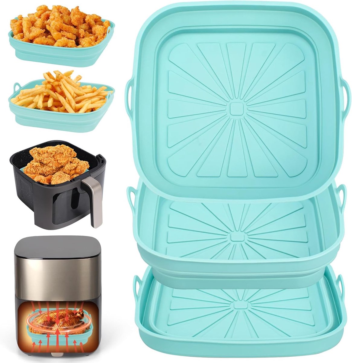 Air Fryer Siliconen Mand - Vierkant Air Fryer Mand - Air Fryer Siliconen Bak - Opvouwbaar Siliconen Bakvormen - Air Fryer Liner - Herbruikbaar - Opvouwbaar - Geschikt voor Air Fryer/Magnetron/Oven - Blauw - 3 stuks