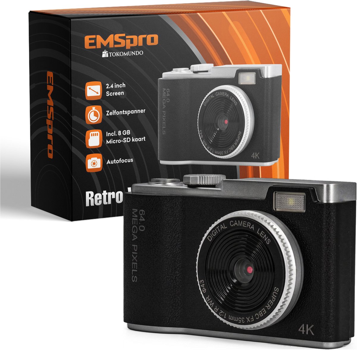 EMS Pro Smart Retro Camera met Scherm - Digitale Fotocamera - 64 Megapixel - Ingebouwde Filters - Video's & foto's - Minimalistisch Vintage Design - Met Xenon Flits - Oplaadbaar - 8GB - Zwart
